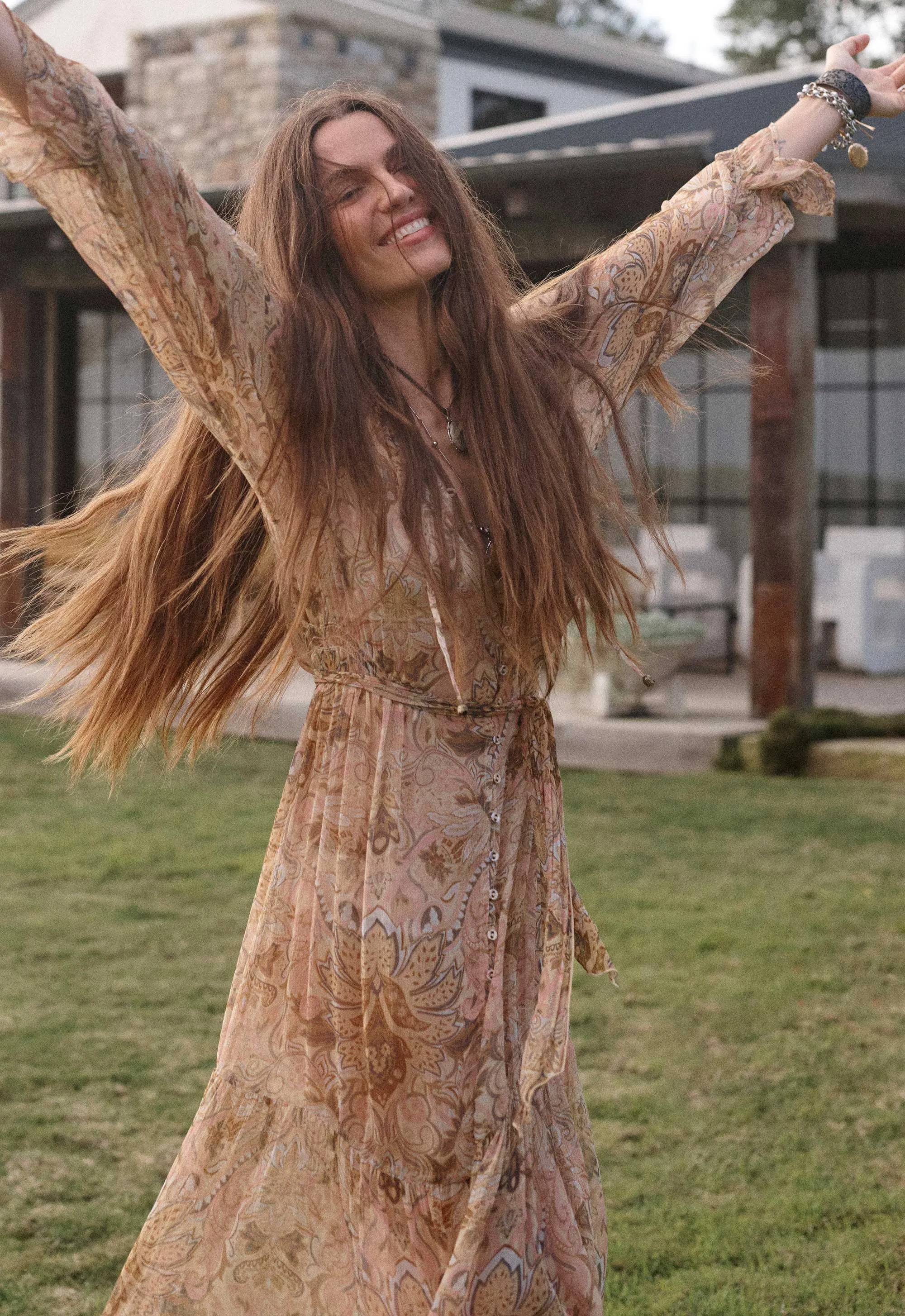 Damask Button Through Gown Dress Chai di Joy368